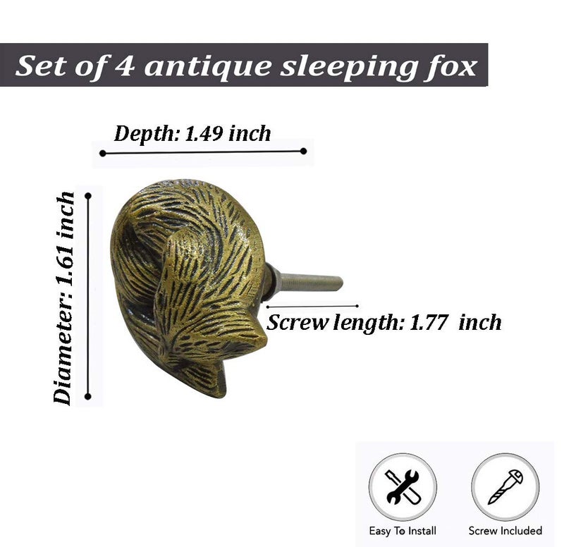 Perilla Home Set of 4 Antique Knobs - Decorative Sleeping Fox - Iron Artistic Designer Handles - for Cabinet Hardware Pulls, Interior, Cupboard, Dresser, Wardrobe and Drawer - Image 2